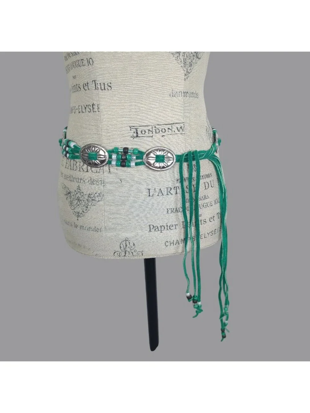 Vintage 80s Green Conch Belt Small Medium Beaded Leather Native